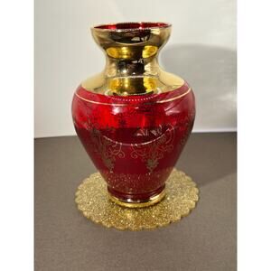 Venetian Style Murano Hand Blown Glass Vase Gold & Red